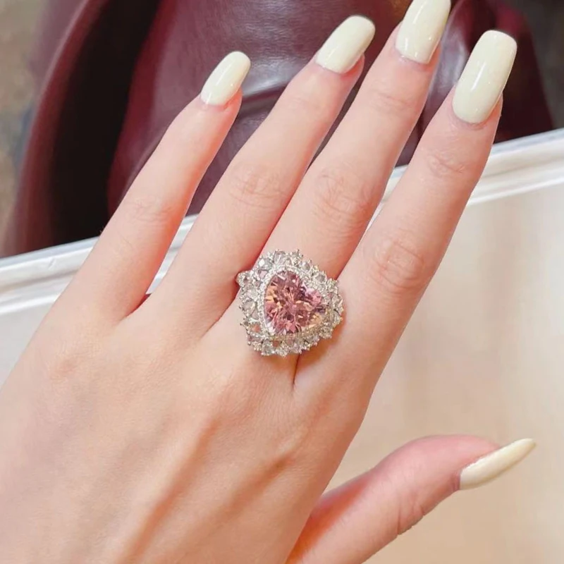 Romantic Pink Gem Heart shaped rings for women creative Full Diamonds Engagement Sparkling Ring Jewelry