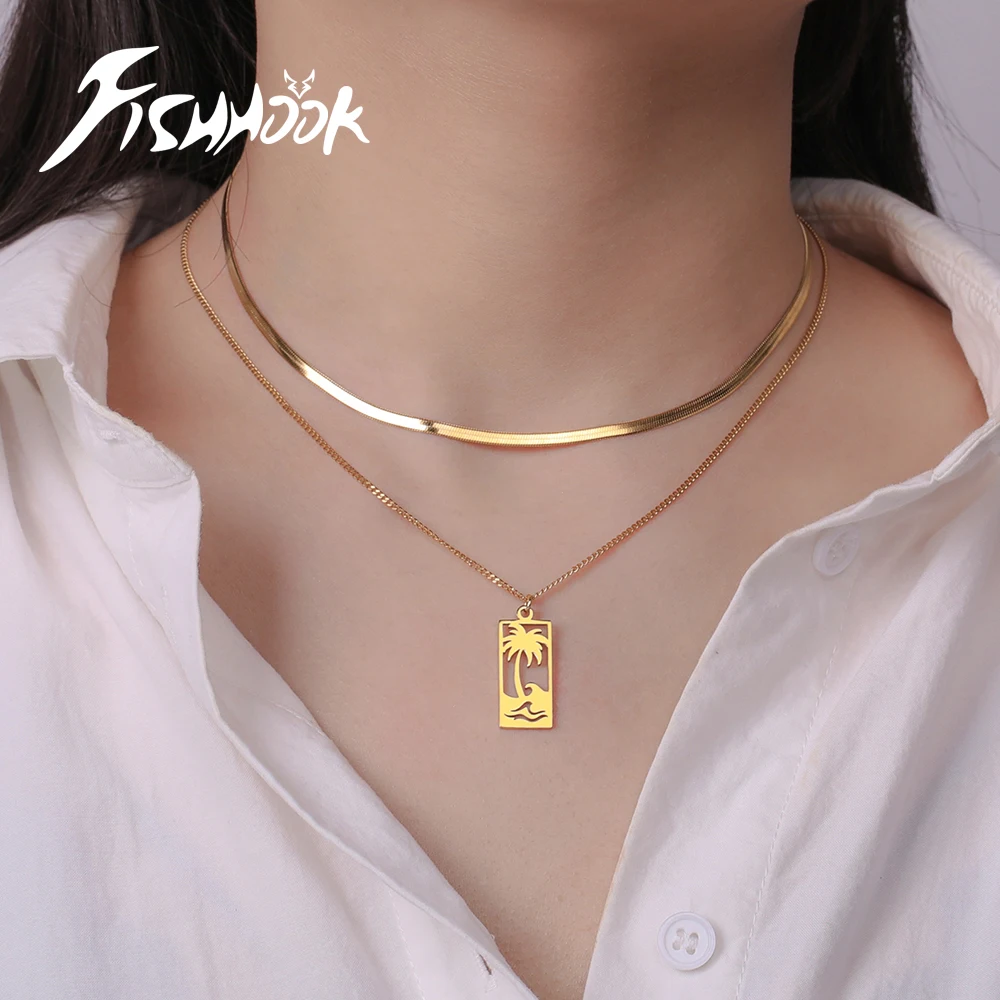 Fishhook Plaża fale palma naszyjnik dla kobiet mężczyzn podwójny łańcuch prezent złoty kolor biżuteria ze stalowy wisiorek nierdzewnej