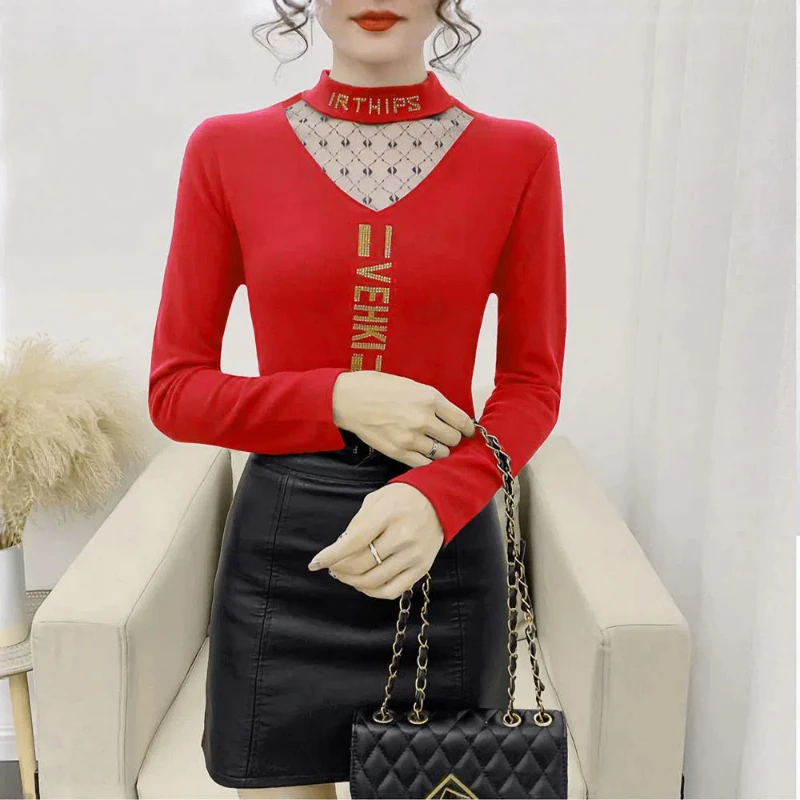 Slim All-match Bottoming Shirt Spring Autumn Winter Long Sleeve Hollow Out Vintage T Shirt Tops Fashion Elegant Women Clothing