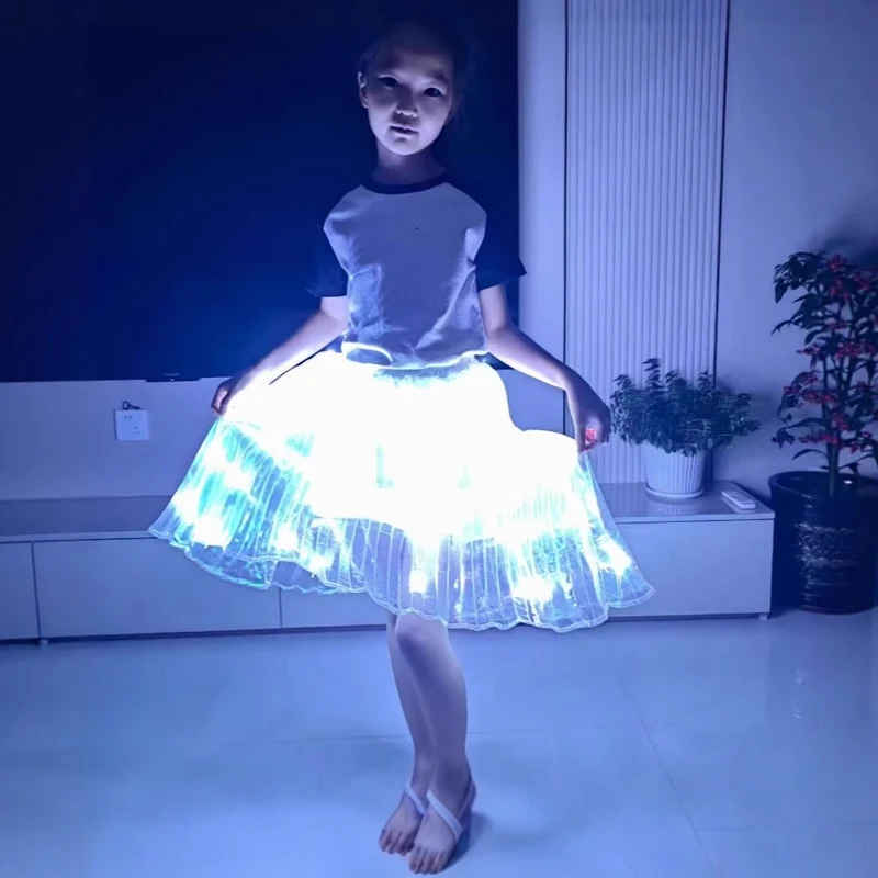 Electronic Lighting Dance Costume Skirt for Child Rechargeable LED Skirt Chiffon Dance Outfit Performance Accessories Prop