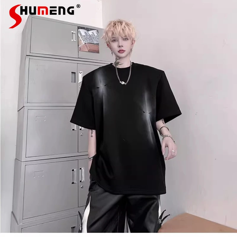 

Men's 2025 Summer New High Street Tees Shoulder Padded Short-sleeve T-shirts Men's Niche Contrast Color Pattern Design Chic Tops
