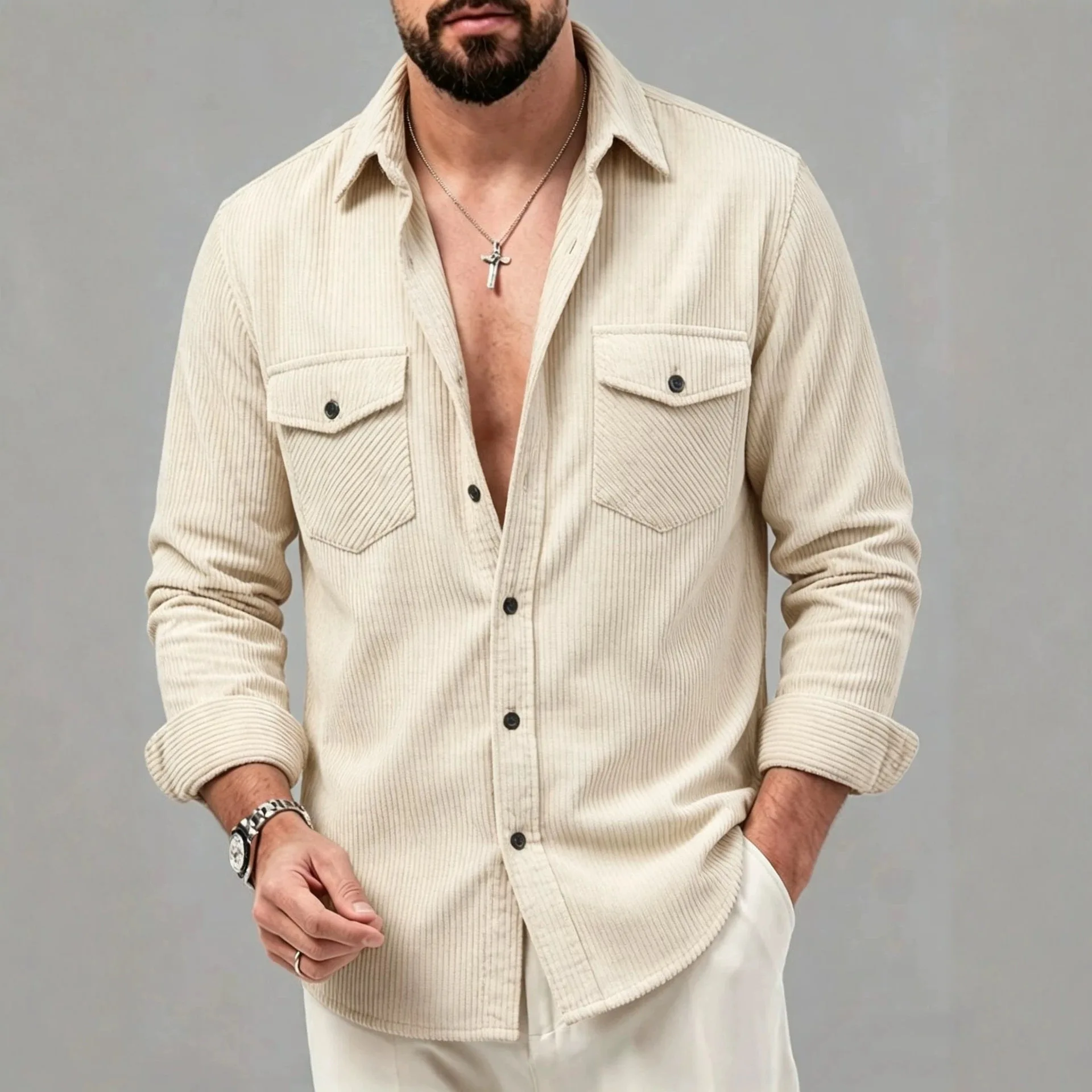 

Summer Thin Corduroy Long Sleeve Lapel Men's Business Casual Multi-Color Large Size Shirt shirt men shirt
