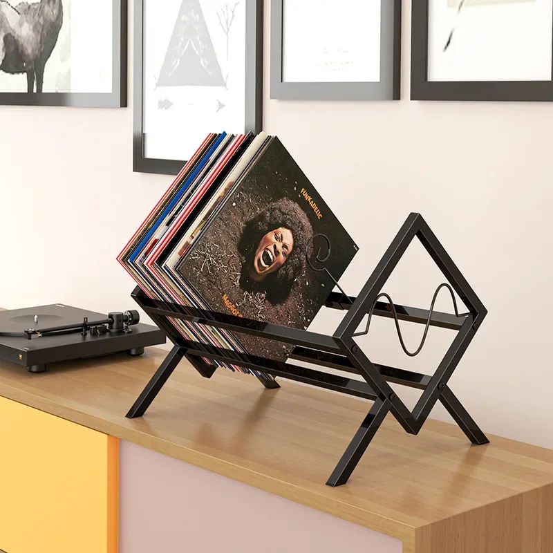 

: Industrial Desktop Bookshelf, Vinyl Record Display Rack, Iron Organizer Stand, Sturdy Magazine Holder for Home Decor