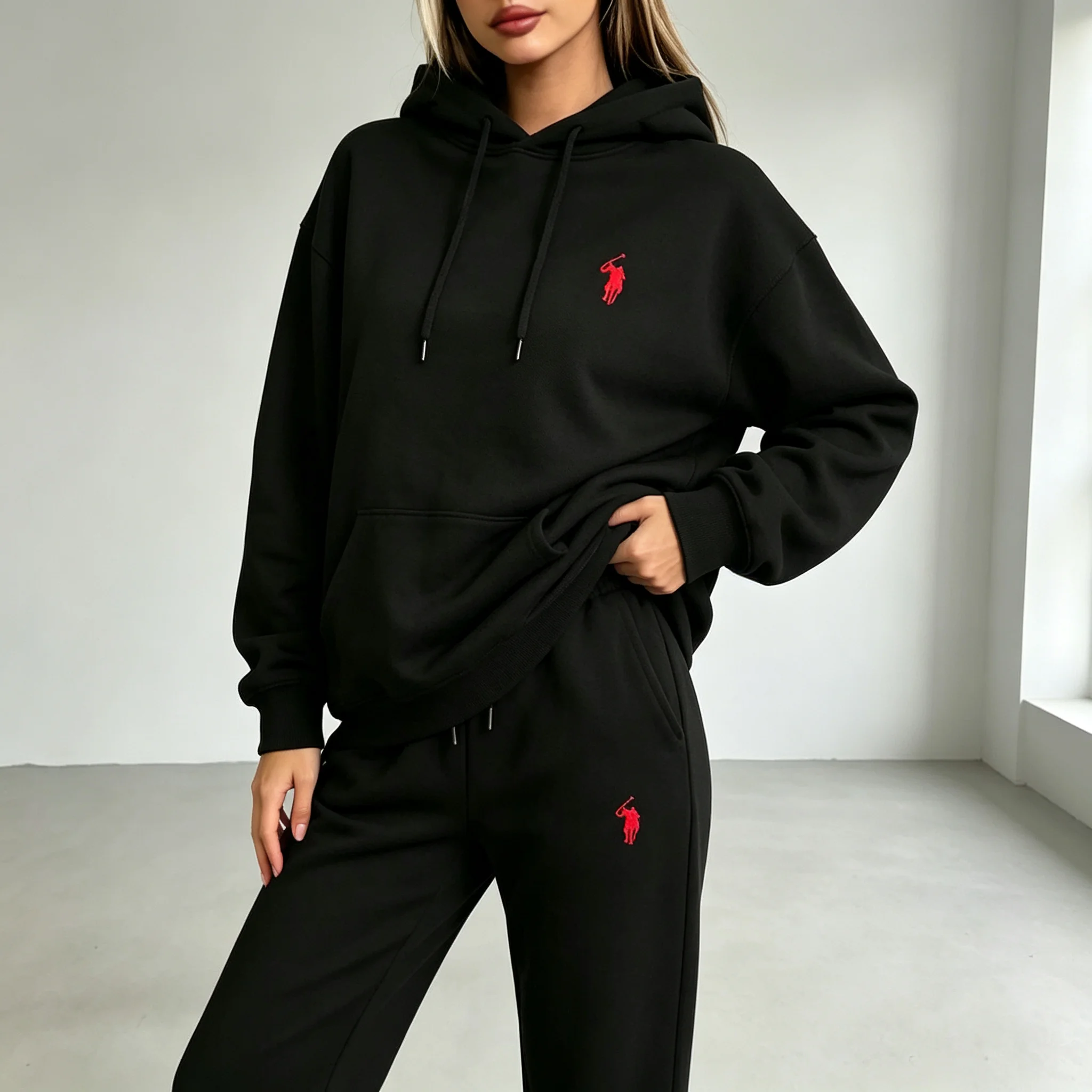 Women's Tracksuit 2 Piece Set Fall Winter Casual Hoodie and Jogger Pants Horse Embroidery Long Sleeve Matching Sportswear