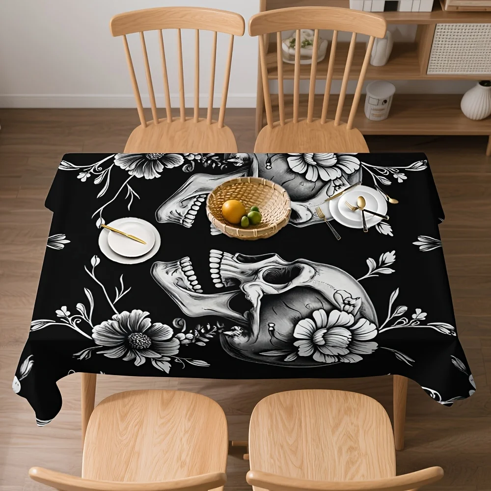 One Gothic black and white skull and bat-wing tablecloth - elegant dark table decoration, exquisite white designzyc