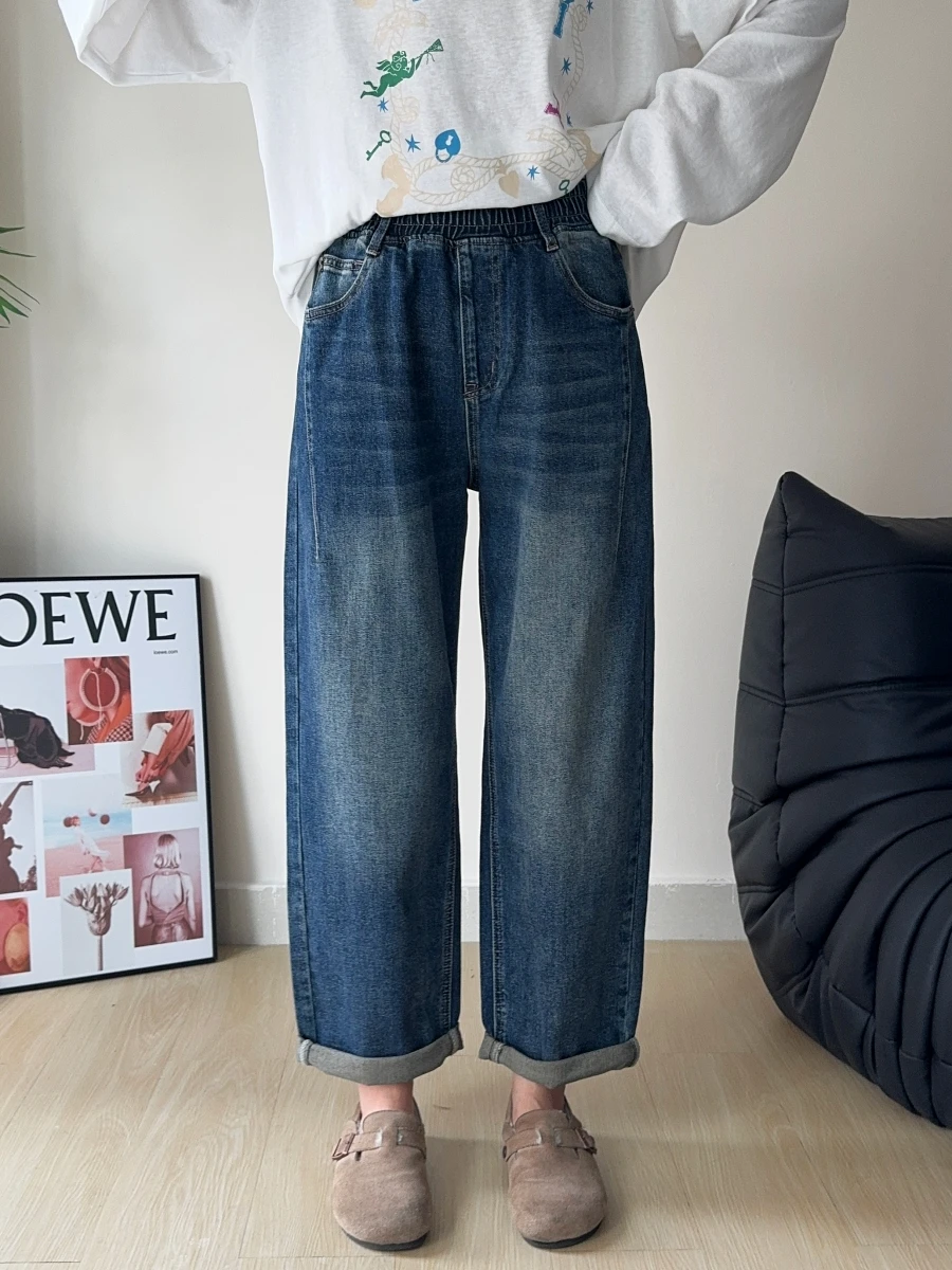 

Женские джинсы-шаровары с высокой талией и эластичным поясом, осенние, укороченные, из эластичного денима, для полных женщин, скрывающие недостатки фигуры, синие, хлопковые