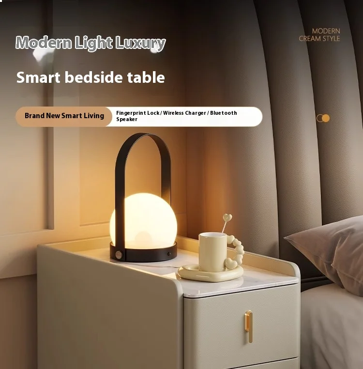طاولة بجانب السرير ذكية ضيقة للغاية ذات 3 أدراج، حجر بسيط وحديث، ضوء فاخر لاسلكي قابل لإعادة الشحن، جانب تخزين لغرفة المعيشة