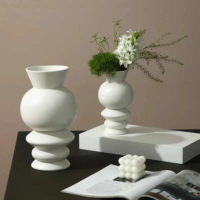 European style simple white multilayer straight glazed ceramic vase ornaments home model room