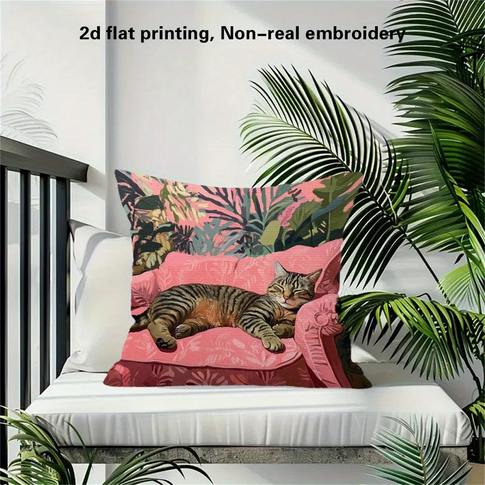 1pc Lazy Tabby Cat Pillow Cover, Polyester 2D Double-Sided Print, Cute Sleeping Cat on Pink Sofa Art, Cat Lover Home & Car Decor