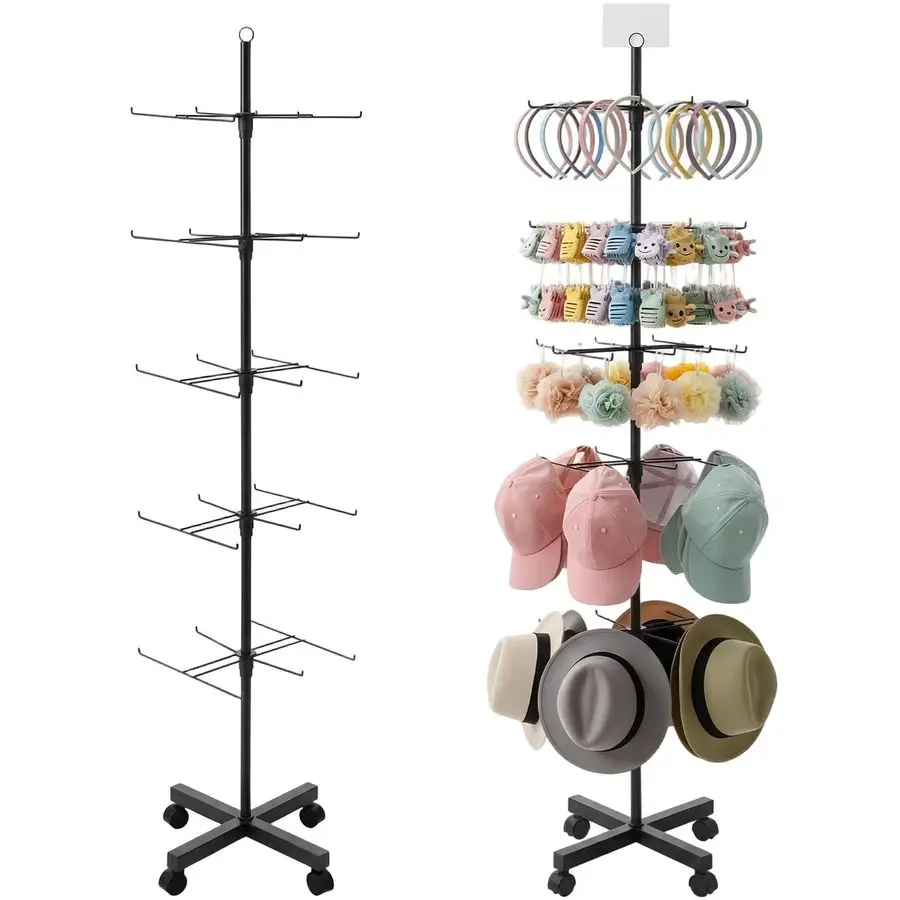 

1 Pcs 5Tier Retail Display Stand Rotating Display Rack with Wheels for Jewelry Keychains Socks Hats Adjustable Movable Shop Spin