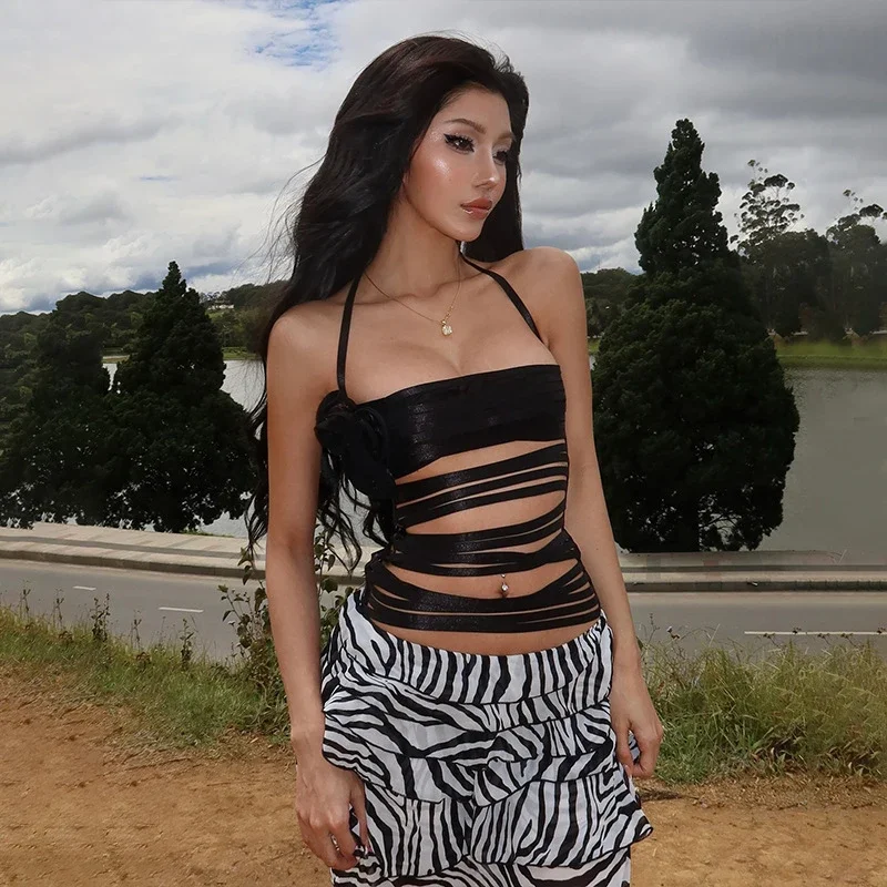 Women's Summer Halter Tank Tops Solid Color 3D Flower Sleeveless Cutout Bandage Backless Slim Fit Vest Y2K Streetwear