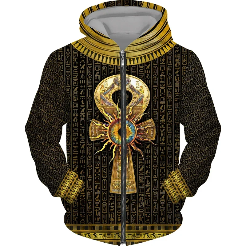 Ancient Egypt Eye Horus Pattern Zipper Hoodie For Men Pharaoh 3D Print Long Sleeves Casual Pullover Hoodies Loose Sweatshirts