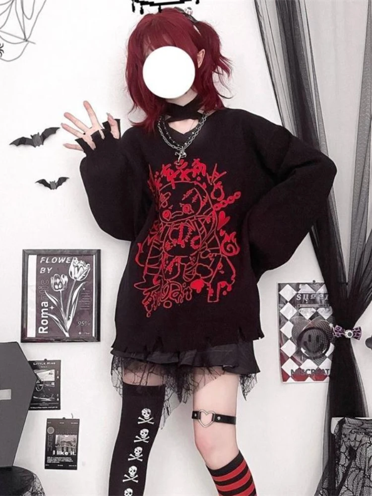 QWEEK Gothic Harajuku Kawaii Schwarzer Pullover Damen 2024 Herbst Japanischer Goth Niedlicher Cartoon-Druck Pullover Gestricktes Langarm-Top