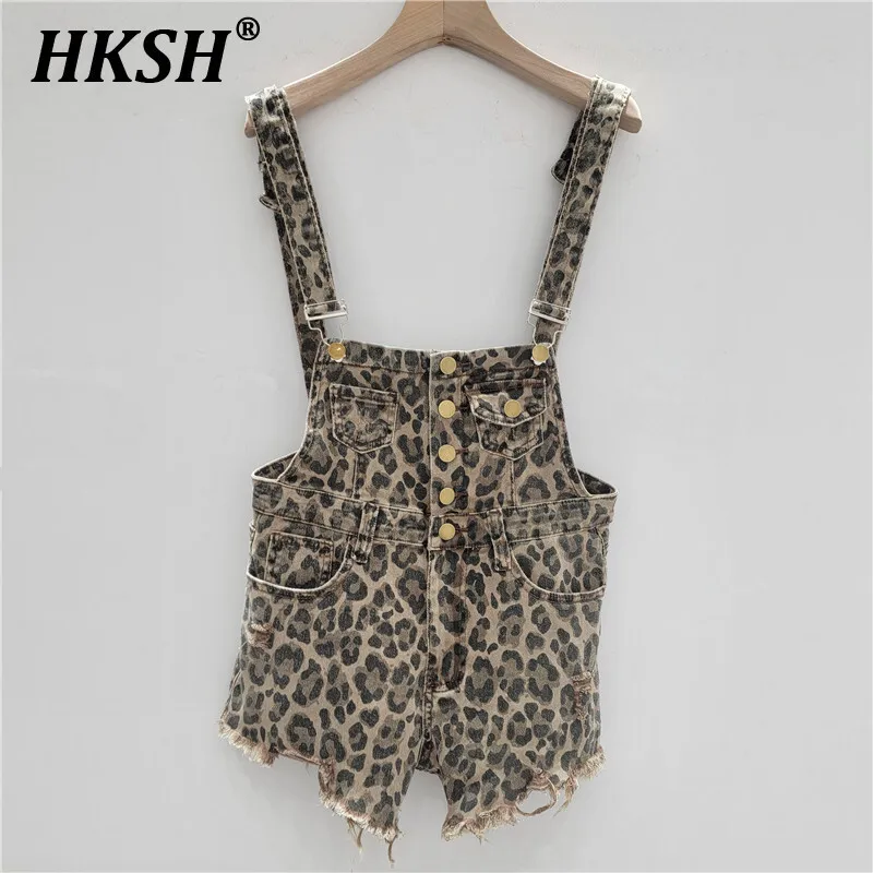 

HKSH Summer New Women Chic High Street Vintage Casual Fashion Leopard Printed Denim Overalls Short Pants Rough Edge Pants HK5339