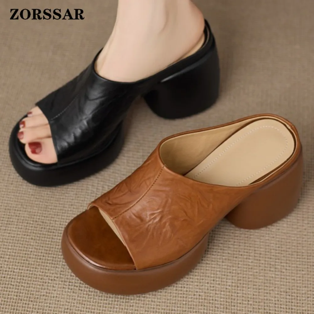 

Women's Vintage Brown Platform Chunky Heel Mules, Open Toe Block Heel Slide Sandals, Casual Summer Leather Shoes for Ladies