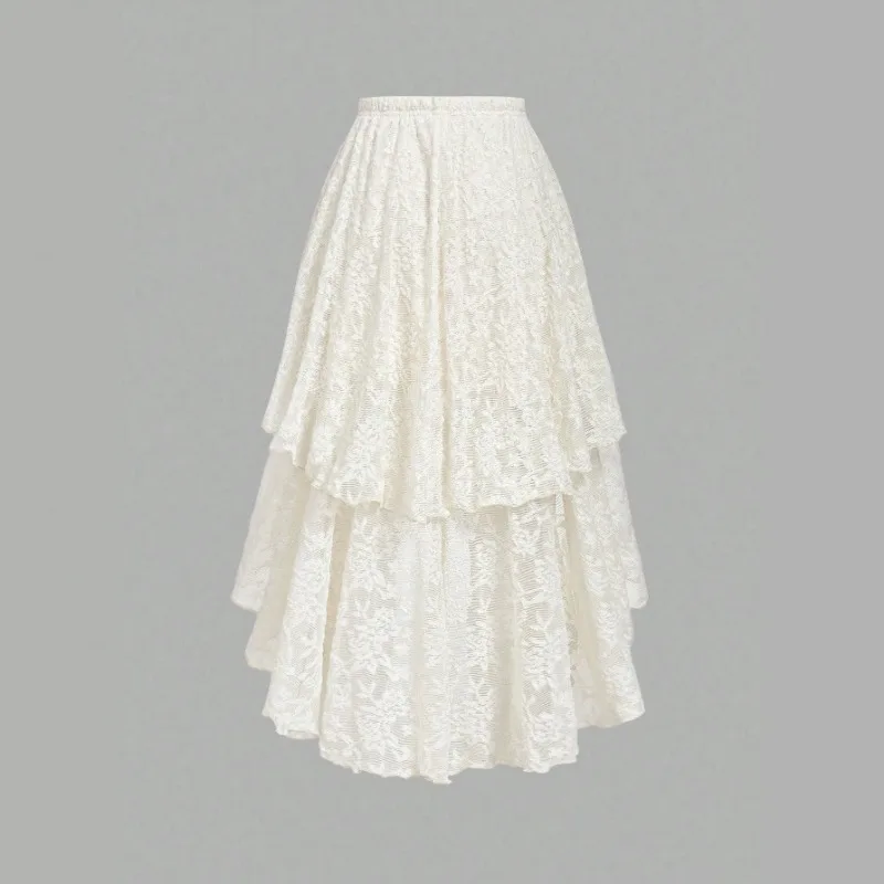 Lace Embroidered A-Line Midi Tiered Skirt Women Asymmetrical 3 Layer Elegant S-XL