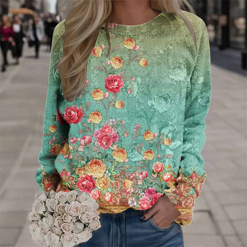 New Flower Long Sleeve T Shirts For Women Spring Fashion Street Girl Lady Pullover Tops 3D Printed Floral Graphic T-shirts Women