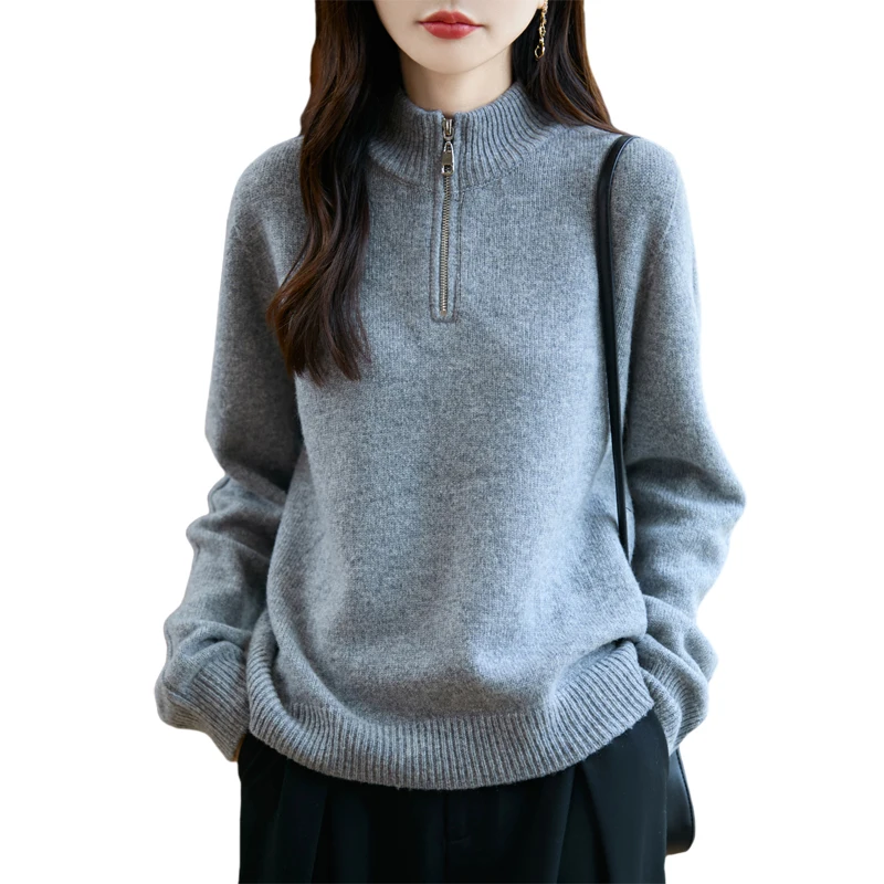 

High Quality Women Zippered Long Sleeve Knitwear Sweater Autumn Winter Mock-Neck 100% Merino Wool Soft Warm Clothing Tops