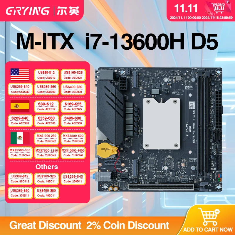 DIY Gaming Computer ERYING ITX Desktop Motherboard Set with Onboard Core CPU Interposer Kit i5 13600H i5-13600H 12C16T DDR5 modt