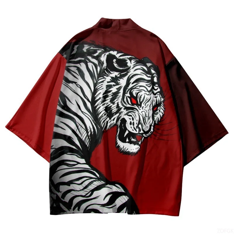 سترة كيمونو سوداء بياقة مفتوحة للرجال والنساء يابانية أوبي للرجال يوكاتا بوي هاوري أنيمي النمر منقوشة #4