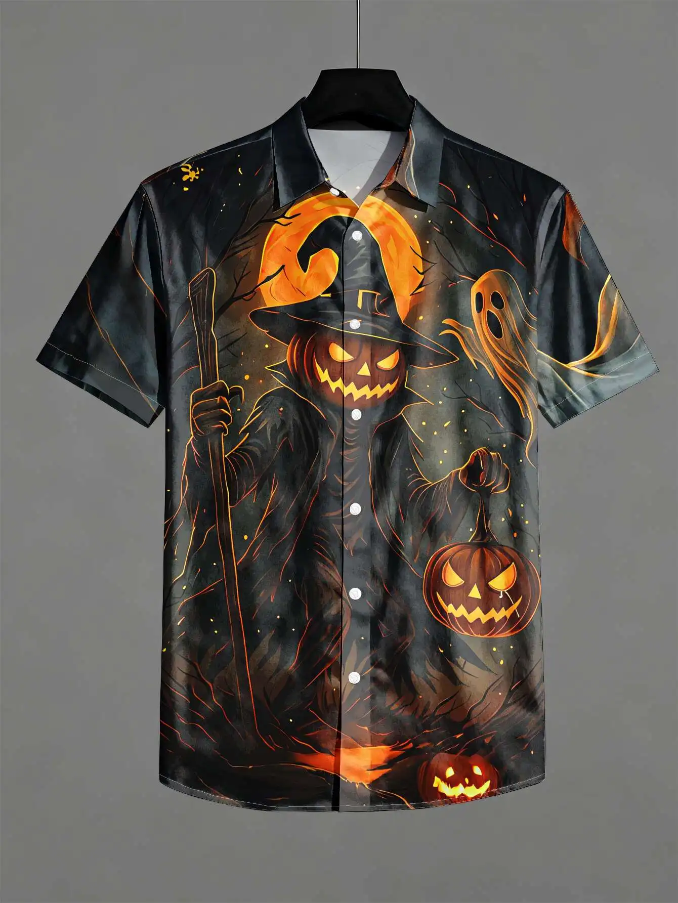 Men Casual Short-Sleeve Shirt with Pumpkin Scarecrow And Ghosts Pattern in Moonlit Forest Men's Top Trendy Button-Up Shirts