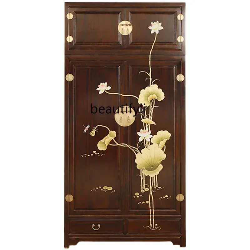 

Camphor Wood Solid Wood Wardrobe New Chinese Style Double Door Home Bedroom Locker Painted Wardrobe
