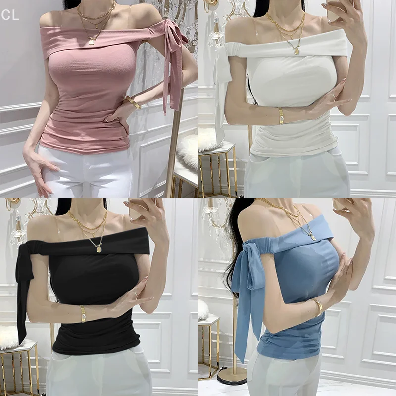 Sexy off-shoulder geplooid T-shirt dames zomer zoete schede strikje ontwerp effen casual tops