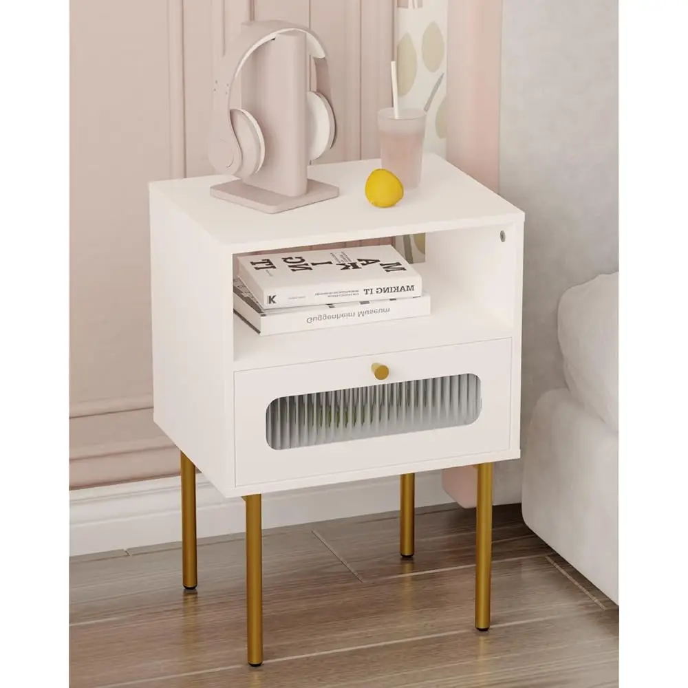 Nightstand,Modern Beside Table With Storage Drawer And Open Wood Shelf,Small End Side Table With Glass Decorative Door And Gold