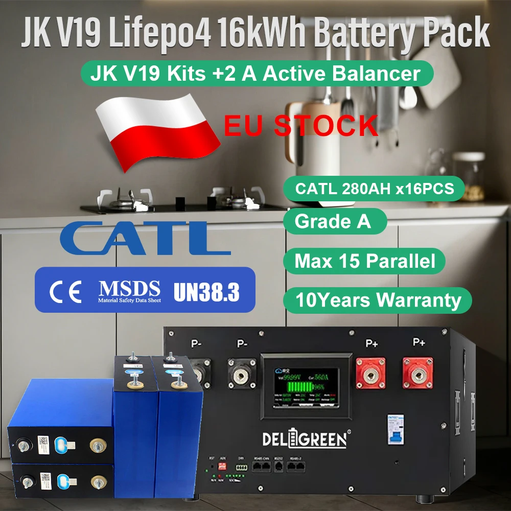 EU 15kWh CATL280 GradeA Lifepo4 DIY Battery Pack 48V JK V19 BOX RS485 CAN 48V 280AH Kits Rechargeable Battery Solar VAT Free