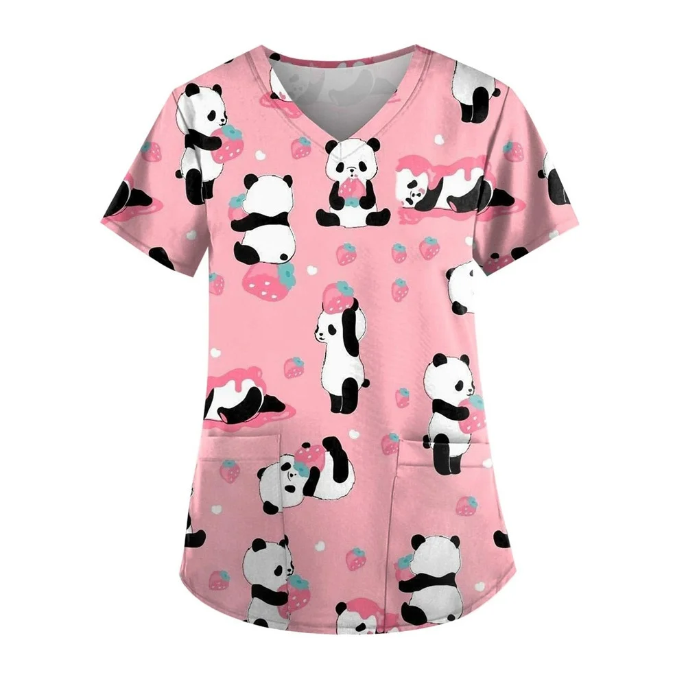 

2025 Tops Women Scrub Short Sleeve V Neck Blouse Nurse Work Uniform T Shirt Cute Pandas Bamboo Print Graphic Nursing Clothes