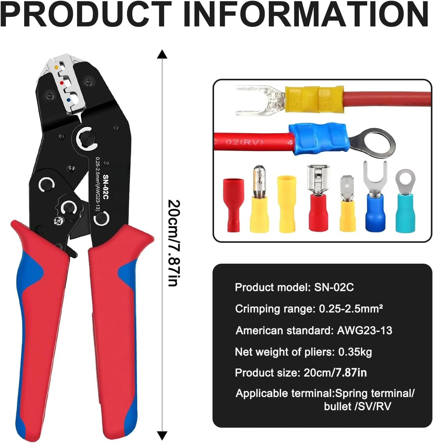 SN-02C Pre-Insulated Terminal Crimpers Hand Crimping Tool and 280pcs Cable Lugs Assortment Kit Insulated Wire Crimp Set
