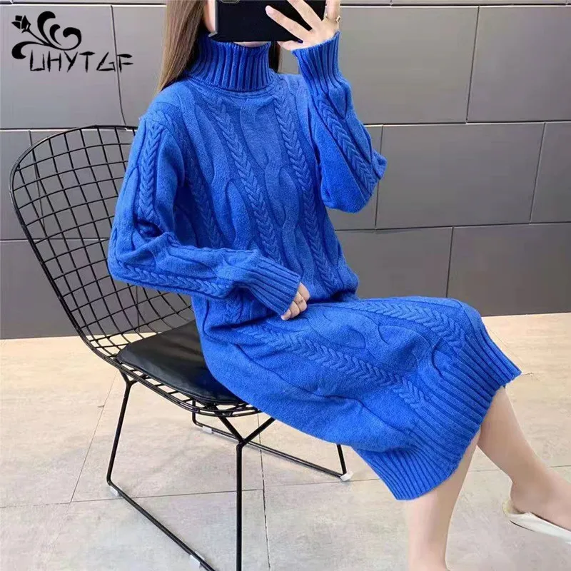 

UHYTGF 2024 Turtleneck Twist Sweater Black Dress Women's Casual Winter Warm Blue Knit Sweater Women Oversized Elegant Vestido 27