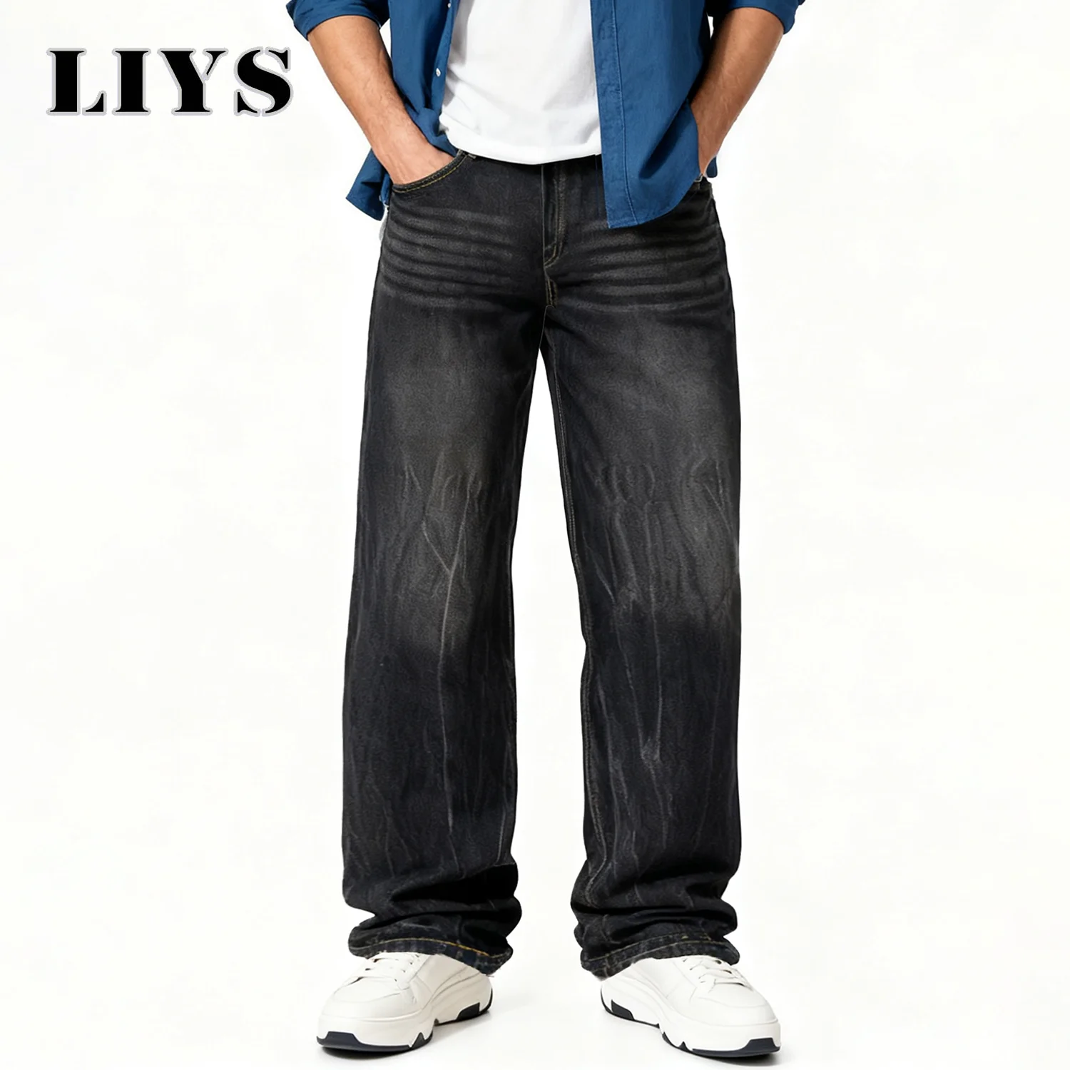 American Retro Men's Black Baggy Wide Leg Jeans Male Business Casual Daily Washed Loose Denim Pants Spring High Street Jeans