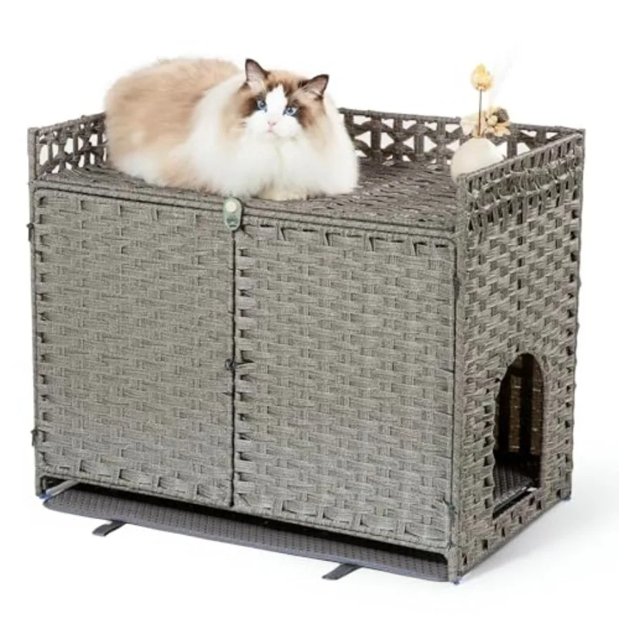 

Cat Litter Box Enclosure with 2 Litter Mats Hidden Litter Box Cabinet for Dust and Order Control Litter Box Hider Handwoven Rat