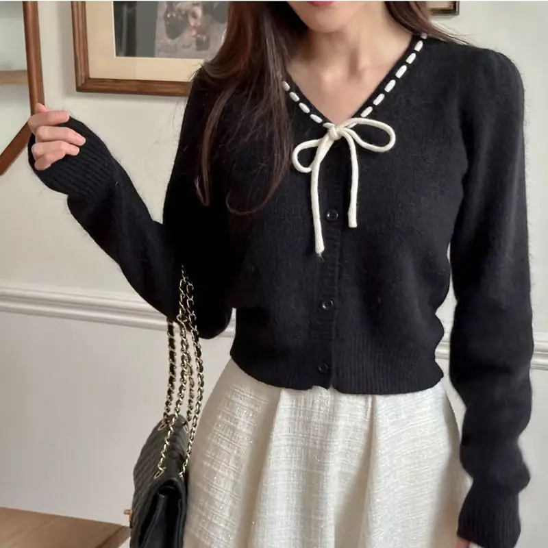 Fashion Temperament Cardigan Sweater Women Autumn Winter Bow Solid Color Long Sleeve Sweater Office Lady All-match Knitwear Tops