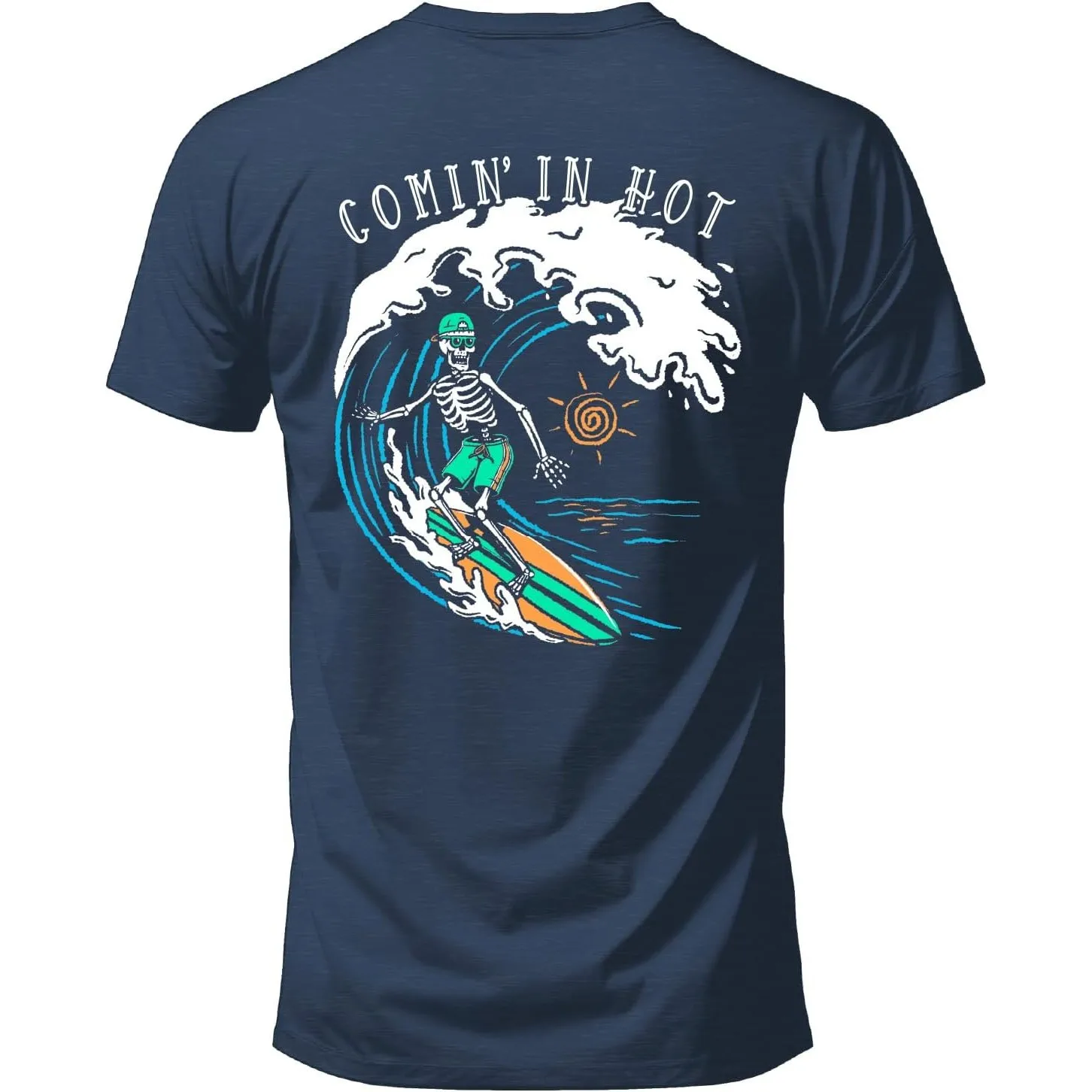Skeleton Surfing Graphic Tee Comin In Hot Beach Wave Print Cotton T-Shirt for Men