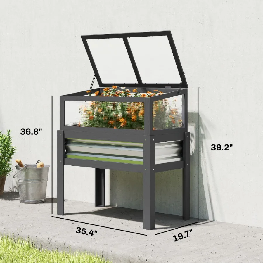 Raised Garden Bed with Flip-Up Mini Greenhouse, Elevated Planter Box with Legs and Bed Liner for Flowers, Vegetables