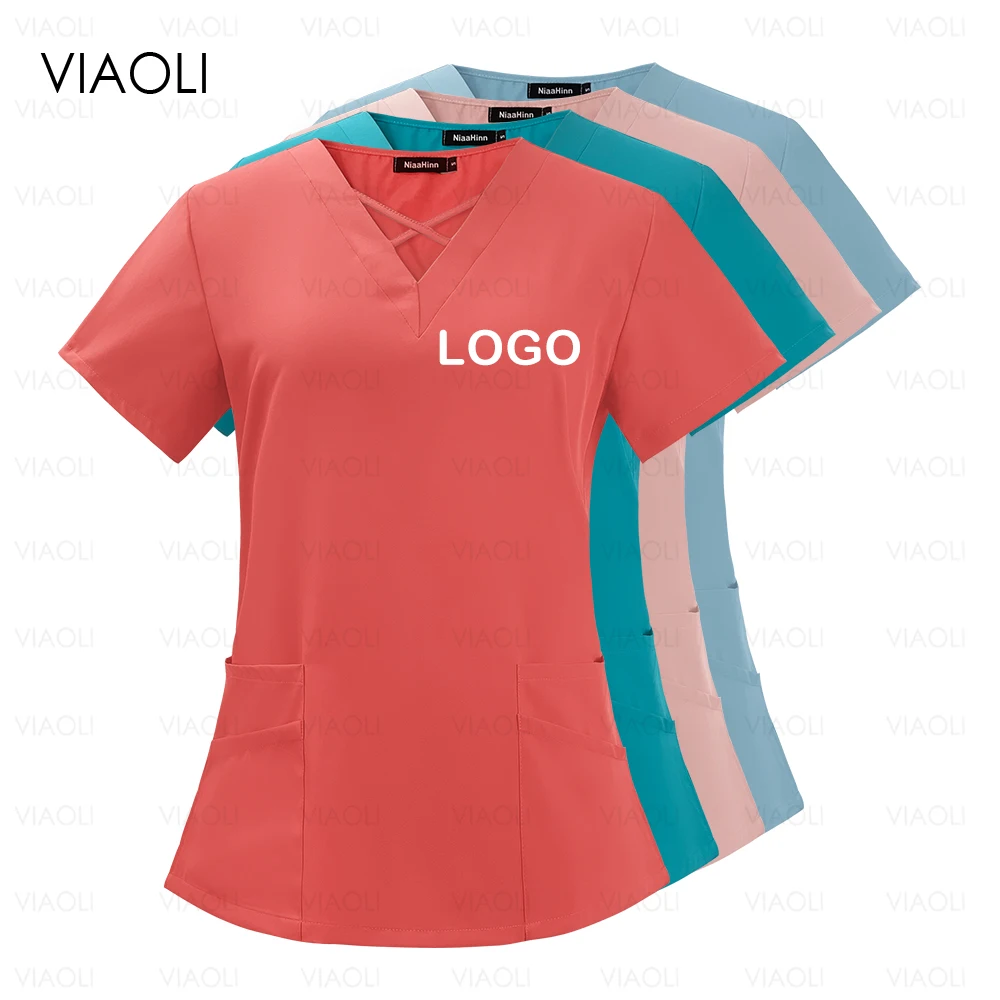 Women T-shirt Working Uniform Print Pocket Pet Grooming Nurse Uniform Clothing Hospital Solid Short Sleeve Spa V-Neck Scrub Tops