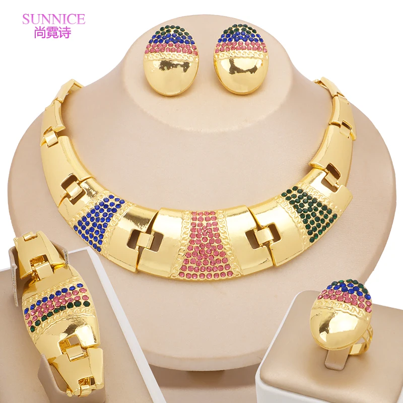 18k Gold Plated Jewelry Set For Women Luxury Multicolor Zircon Bride Copper Necklace Earrings Pendant Bracelets Ring Jewellery