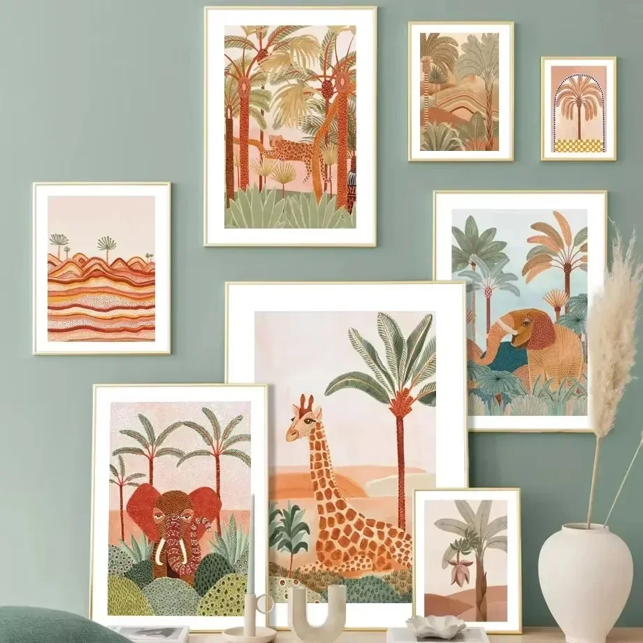 (No frame)Minimalist Wall Art Boho Tropical Giraffe Cheetah Terracotta Posters and Prints Canvas Painting for Living Room Hom