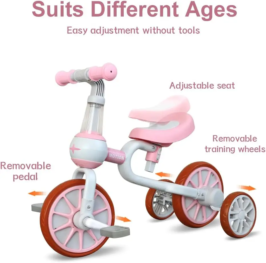 3 in 1 Toddler Bike for 2-4 Year Old Girl Boy, Kids Tricycle with Adjustable Seat, Detachable Pedal and Training Wheels, Baby Ba