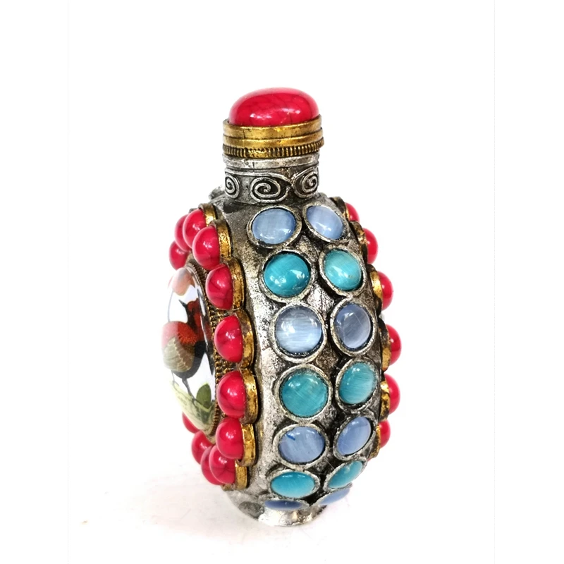 YIZHU CULTUER ART Size 7.8 x 6.4 cm Old Chinese Tibet Silver Inlay Jewelry Painting Flowers Bird Snuff Bottle Decoration