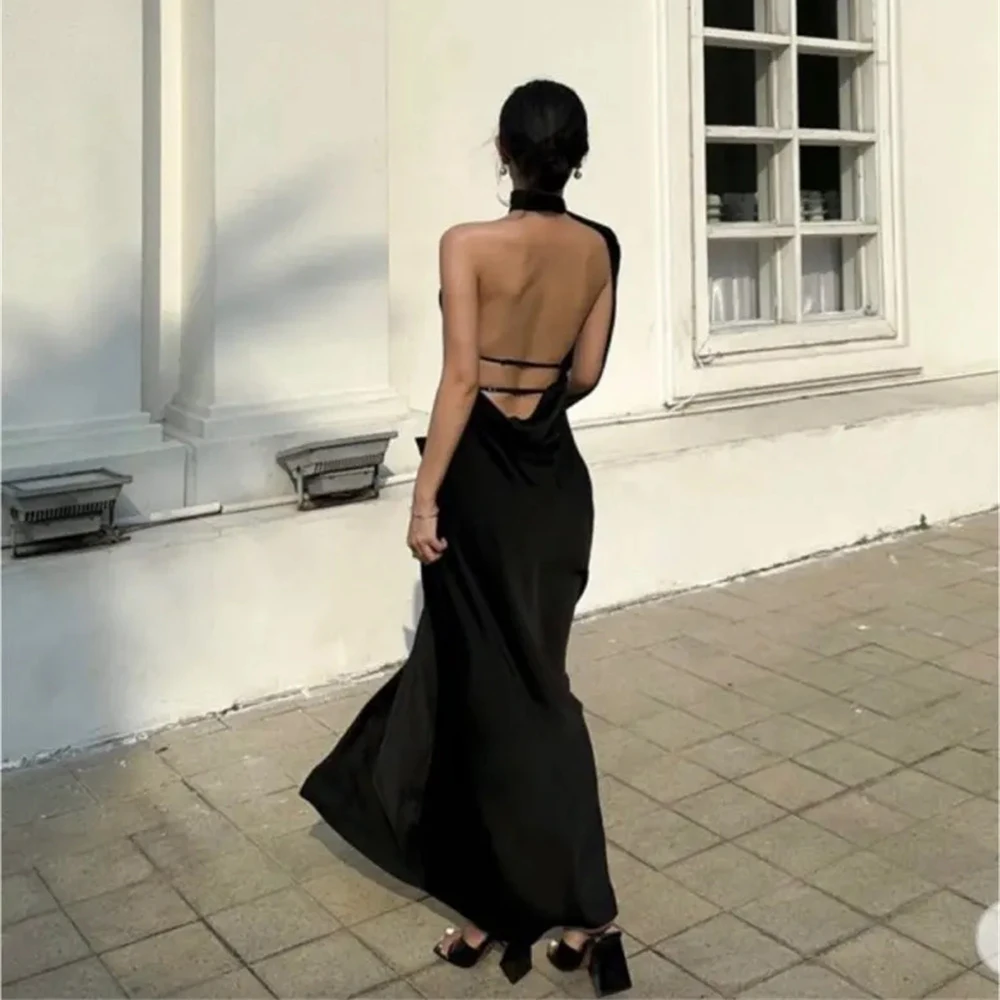 Hoepoly Elegant High Neck Black Sleeveless Evening Dress For Woman Summer Style Fashion Simple Classy Party Long Prom Gown New