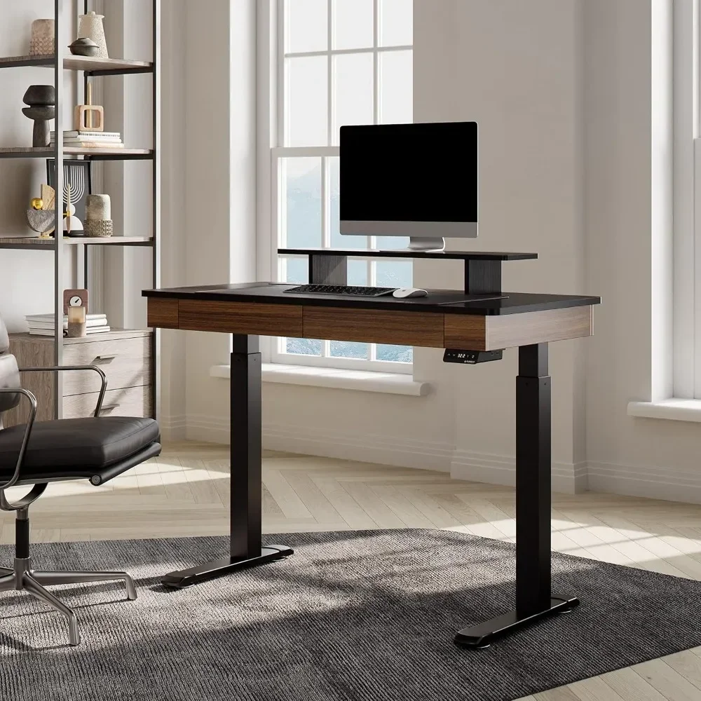 

47" Computer Desk with 2 Drawers, Electric Height Adjustable Dual Motor Stand Up Desk with Monitor Riser, Office Table