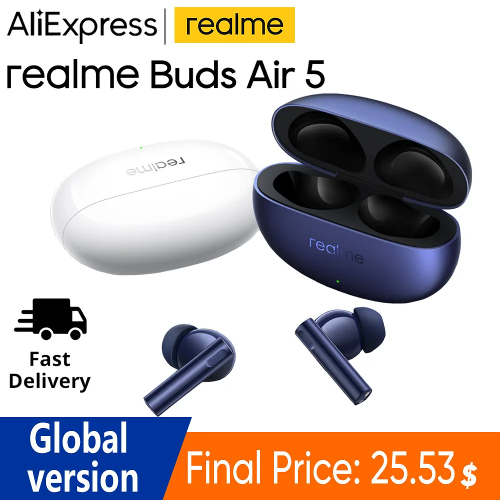 Глобальная версия Realme Buds Air 5 TWS наушники 50 дБ с активным шумоподавлением беспроводные наушники 38 часов автономной работы Bluetooth5.3