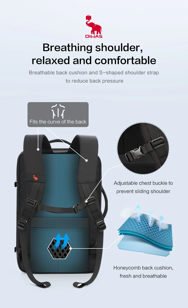 OIWAS Large Capacity Expandable Laptop Backpack USB Charging Port 17.3Inch Waterproof Business Travel Computer Bag for Men Women