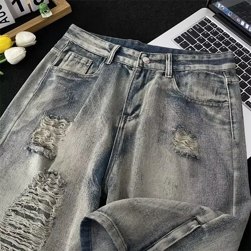 Male Denim Shorts Split Hip Hop Ripped Men's Short Jeans Pants New in Buttons Thin Summer Sale Distressed Trend 2024 Retro Blue