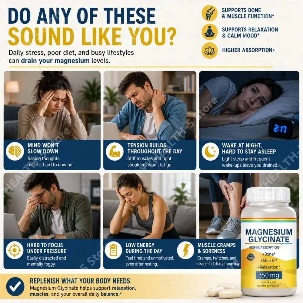 Magnesium Glycinate Capsules 350mg, 120 Count Vegan Friendly Chelated Mineral Supplement Daily Support for Adults