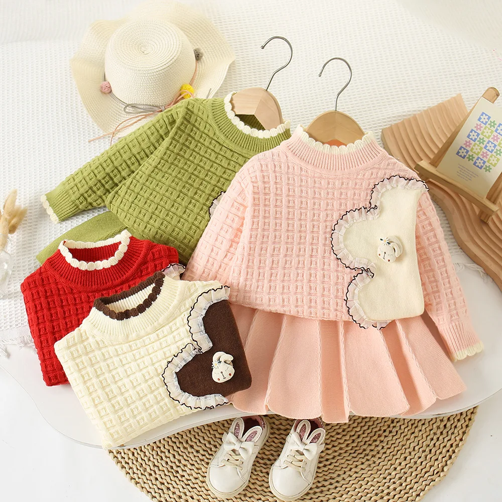 

Children's Clothing Sets Floral Mesh Check Knit Top + Pleated Skirt Baby Girl Winter Clothes Knit Sweater Cardigan for Girls