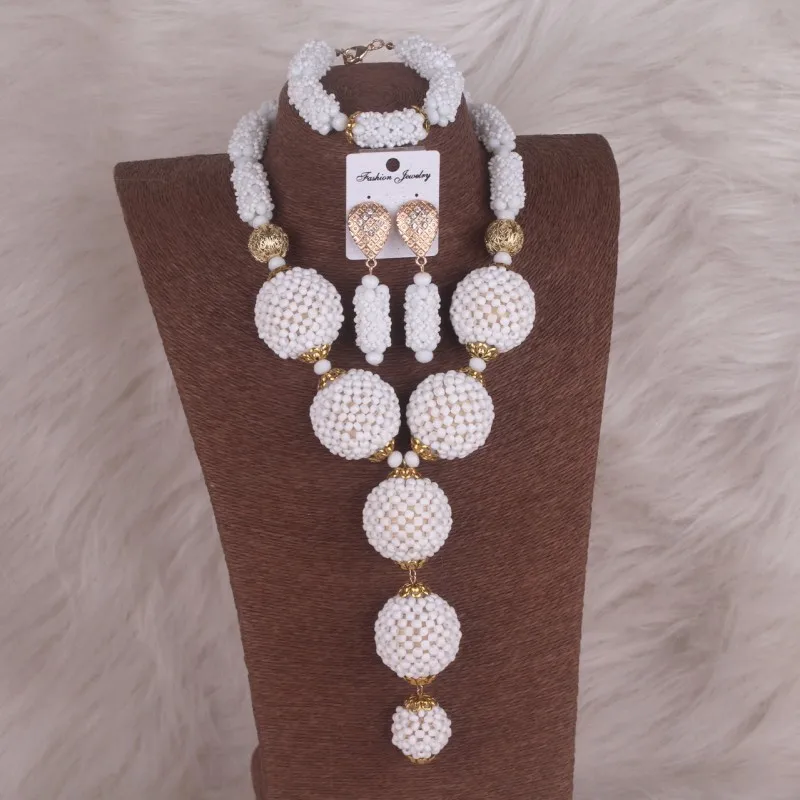 Newest White Balls Handmade African Nigerian Wedding Party Bridal Jewelry Set Traditional Women Birthday Accessories